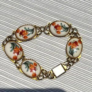 Vintage Floral Porcelain and Gold Bracelet